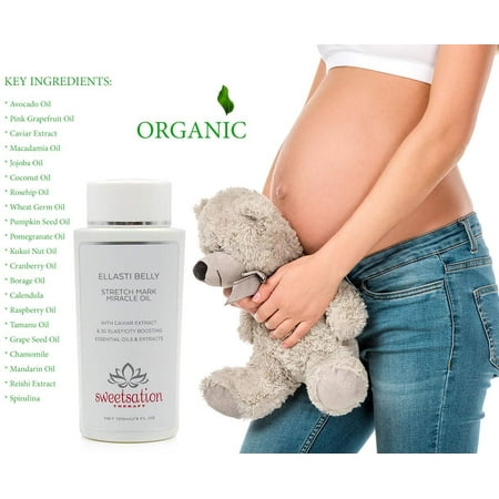 Sweetsation Therapy Organic EllastiBelly Stretch Mark Miracle Oil, 4oz. Stretch Marks Prevention in Pregnancy With Omega 3,6,9, Vitamins, Micro-Elements, Amino Acids, 30+ Extracts to Boost