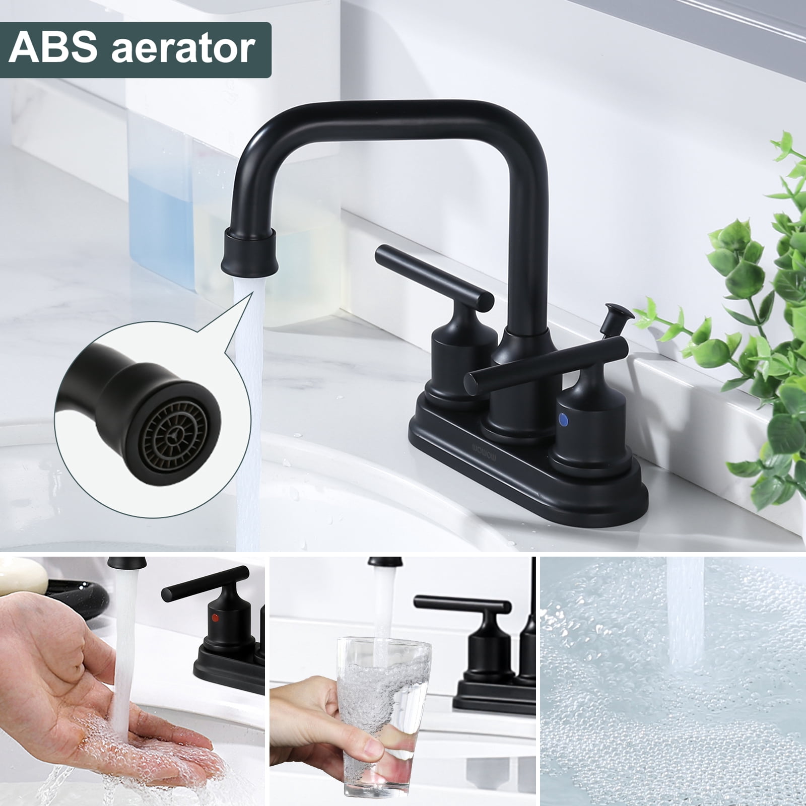 Wowow Centerset 4 in. 2-Handle High-Arc Bathroom Faucet with Drain and Supply line, Matte Black