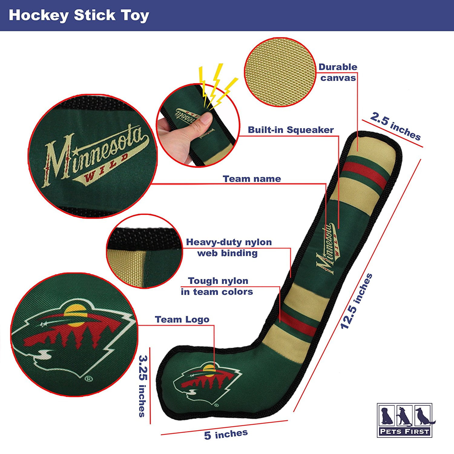 Pets First NHL Minnesota Wild Hockey Stick Toy for Dogs & Cats - Heavy-Duty, Durable Dog Toy with Squeaker