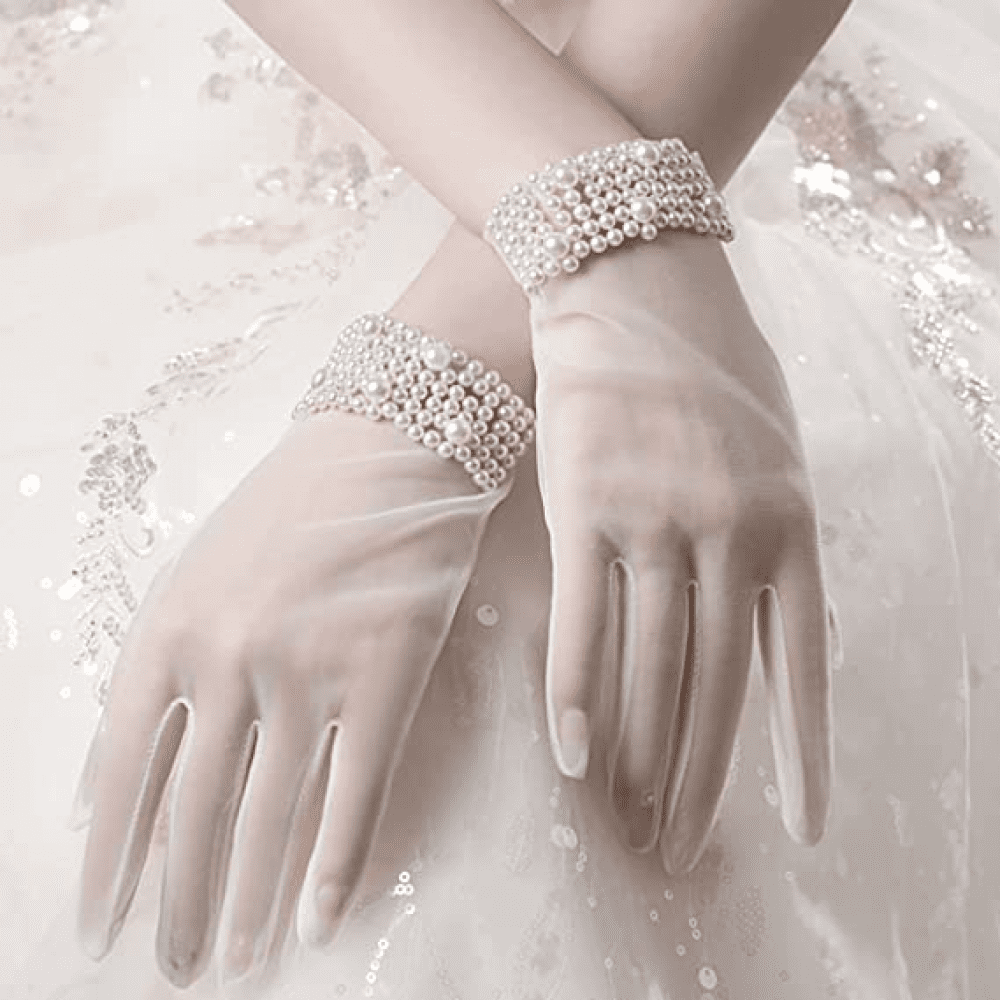 Gants de Mariage Dentelle Blanc Transparent Perles Elegantes Pleines Doigts Gants Bal Opera Diner Cosplay pour les Femmes et les Filles