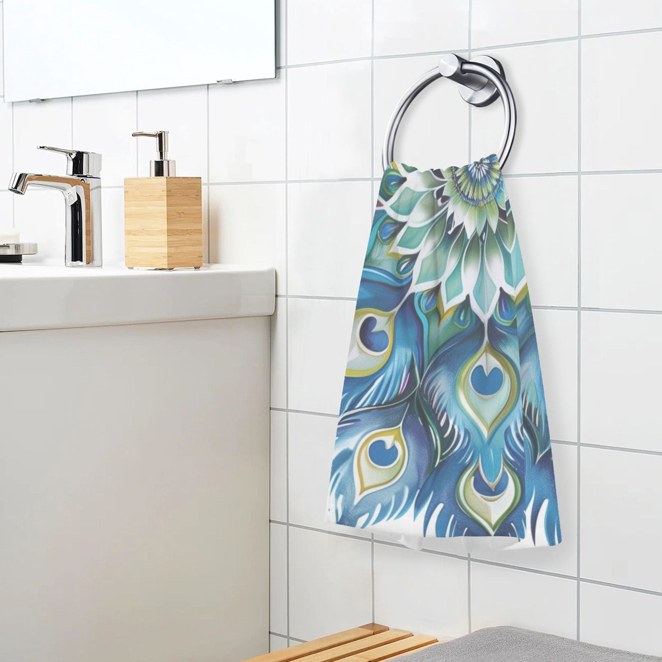 Cotton Bath Towels Soft Face Towel Absorbent Quick Dry Peacock Feathers Mandala 16"x28" 2 Pack
