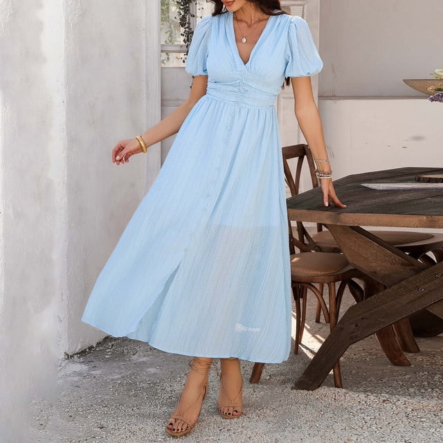 WILLBEST Vestidos De Verano Ocio Viajes Vacaciones Estilo Cuello En V Cintura Alta Manga Corta Vestido Dividido Mujer Cinco ¡Descripción!