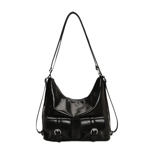 Bolso de hombro para mujer de piel sintética con múltiples bolsillos, bolso de mano para el trabajo y actividades al aire libre. Negro