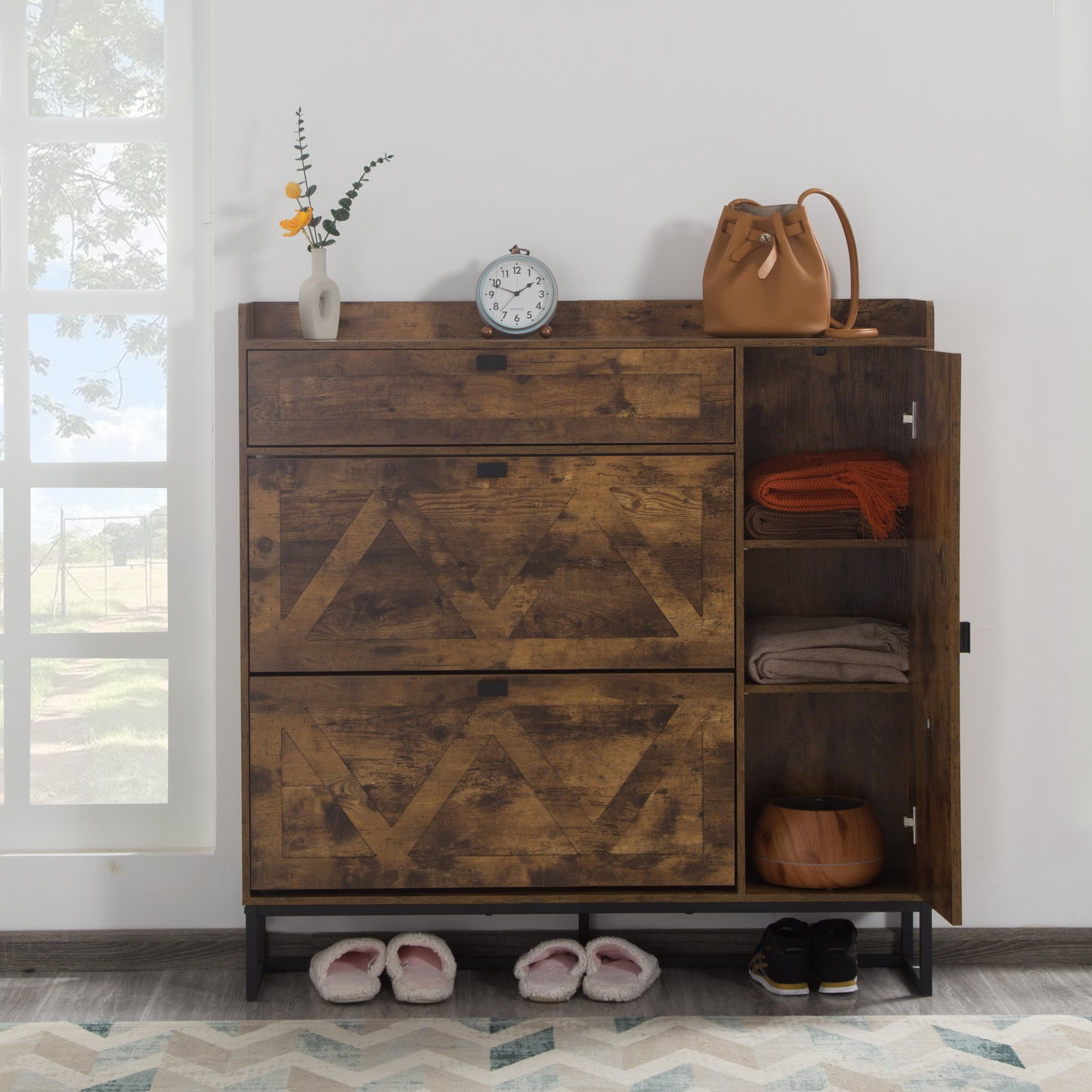BSHTI Shoe Storage Cabinet with 2 Flip Drawers & Side Cabinet, High-Quality MDF in a Rustic Brown Finish, Adjustable & Versatile Storage, Easy Assembly