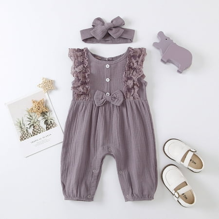 

Baby Girl Cotton Linen Romper Lace Bow 1 Piece Jumpsuit Clothes