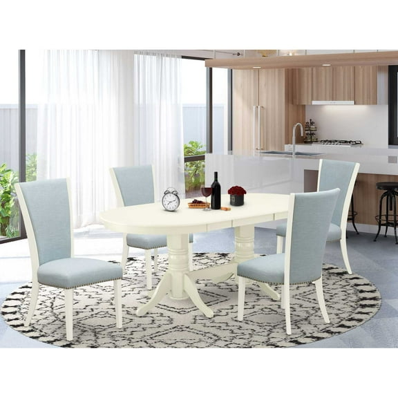 East-West Furniture VAVE5-LWH-15 - A dinette set of 4 great indoor dining chairs with Linen Fabric Baby Blue color and a gorgeous wood table with Linen White color