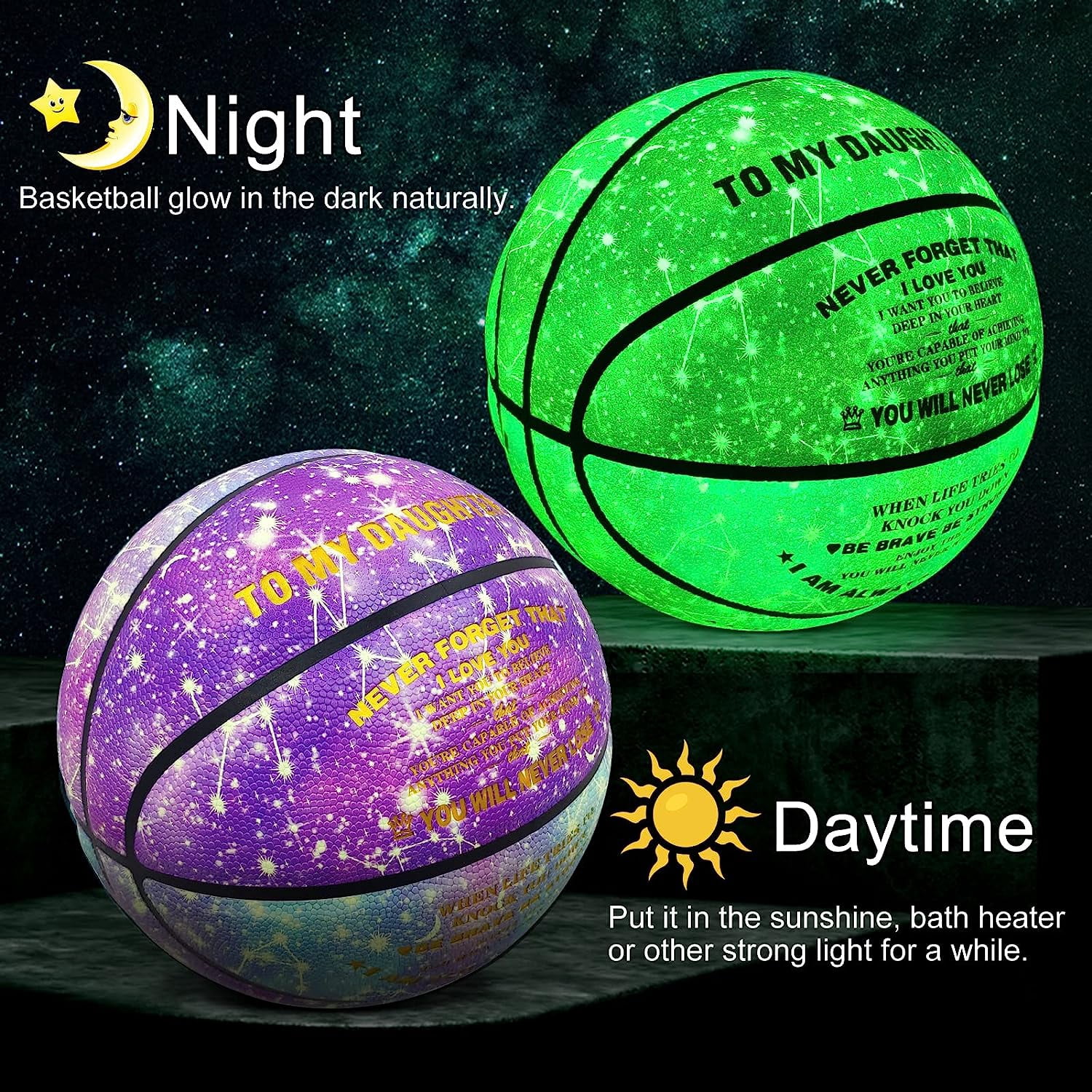 MILACHIC Glow in the Dark Basketball, Personalized to My Daughter Glowing Leather Basketball Women Size 6(28.5"),Indoor Outdoor Cool Basketball Gift