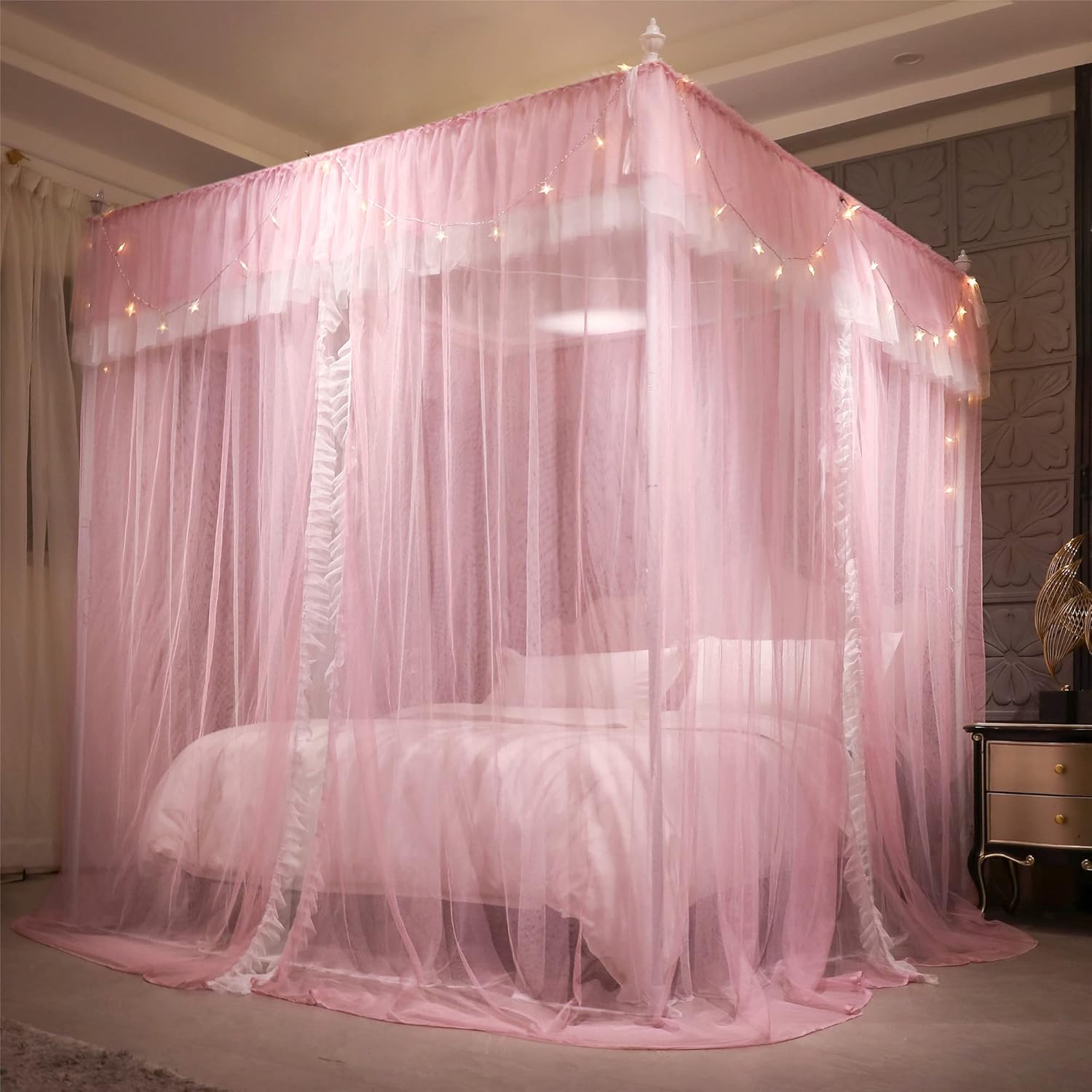 4 Corners Post Ruffle Princess Bed Canopy Curtain-Double Layer Cozy Drape Netting 4 Opening Mosquito Net for Girls Adults Bedroom Decoration (Pink/Whtie,78" W*86" L*82"*H/King)