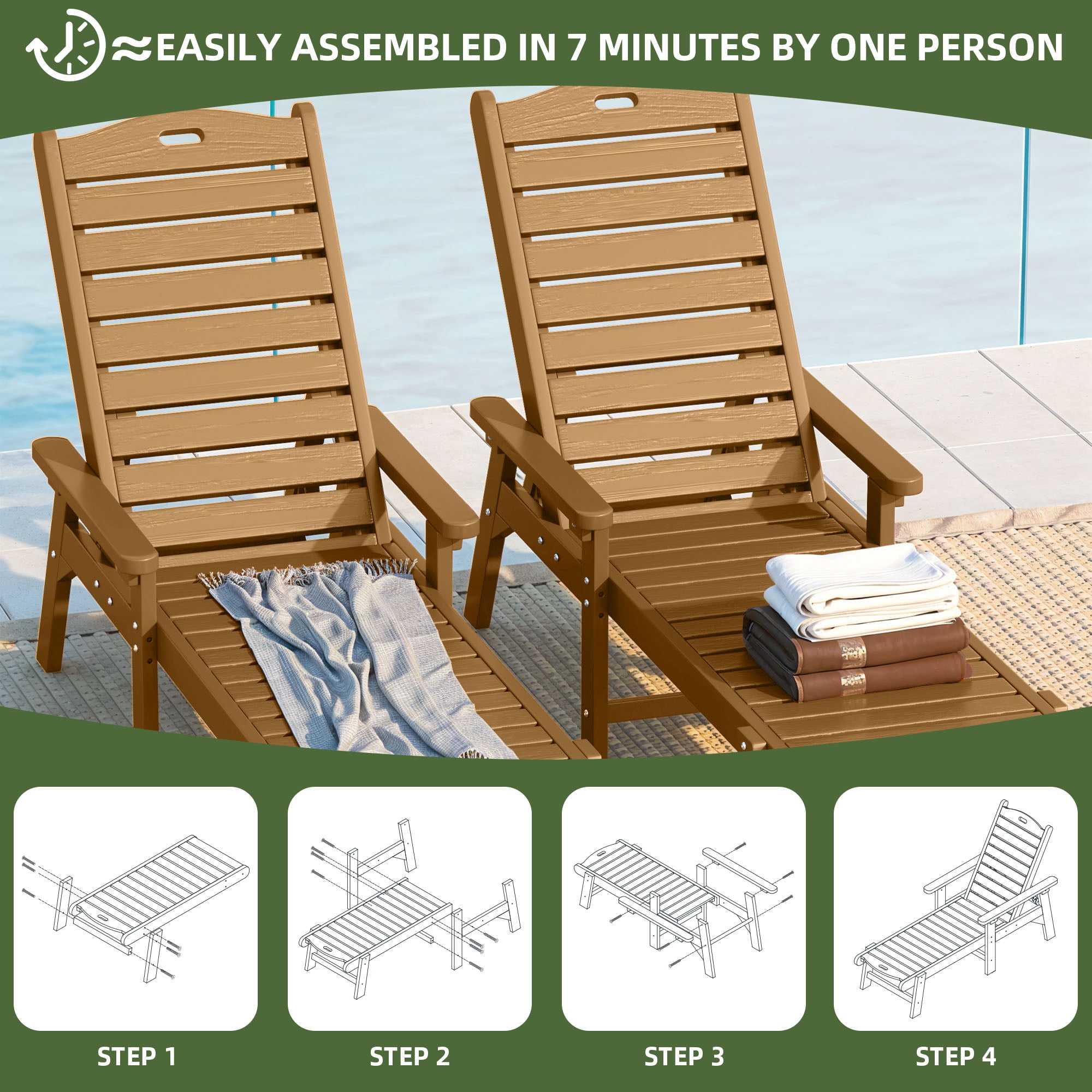 Uforic 2 Pcs Outdoor Chaise Lounge Chairs with Adjustable Backrest, Heavy Duty Hips Resin Patio Lounger with Wide Armrest