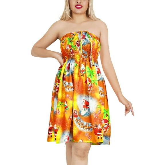 HAPPY BAY Women's Casual Beach A line Slit Smocked Mini Dress Tube Top Evening Short Strapless Tacky Christmas Dresses for Women L-XL Squash, Palm Tree