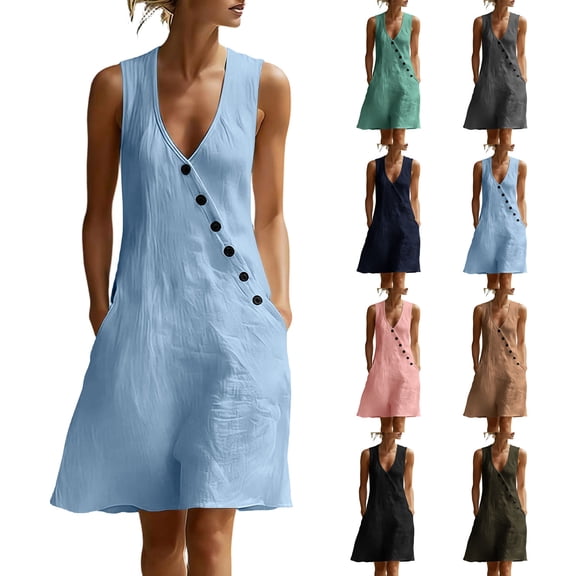 Afuyipoi Womens 100% Cotton Sleeveless V-Neck Asymmetrical Button Down Midi Dress With Pockets, Loose Flowy Casual Shift Dress, Soft Breathable Summer Beach Daily Dress For Women Pink Size XL