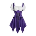thumbnail image 2 of Women's Pirate Wench Costume Short Puff Sleeve Lace Up Corset Asymmetrical Handkerchief Hem Dress Gothic Fairy Cosplay Outfit for Halloween Theme Party, 2 of 6
