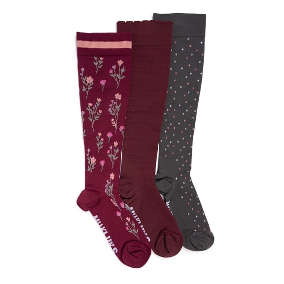 MUK LUKS Women's Wide Width Compression Nylon Knee-High Socks, 3-Pack, Shoe Size 6-10