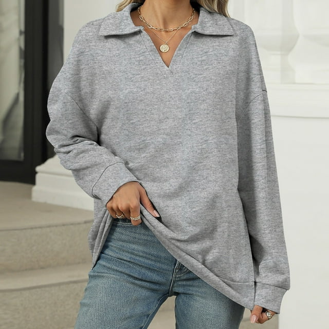 Jienlioq Hauts de Sortie pour Femmes Chandail en Molleton Ample à Manches Longues avec Col Rabattu Couleur Unie en Liquidation