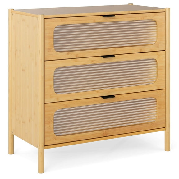 Costway 3-Drawer Dresser with Reeded Tempered Glass Front Bamboo Storage Cabinet