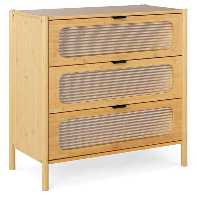 Costway Commode à 3 Tiroirs avec Façade en Verre Trempé à Roses, Armoire de Rangement en Bambou