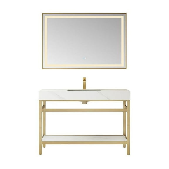 Vinnova Design Single Sink Bath Vanity Metal Support with White Sintered Stone Top and Mirror