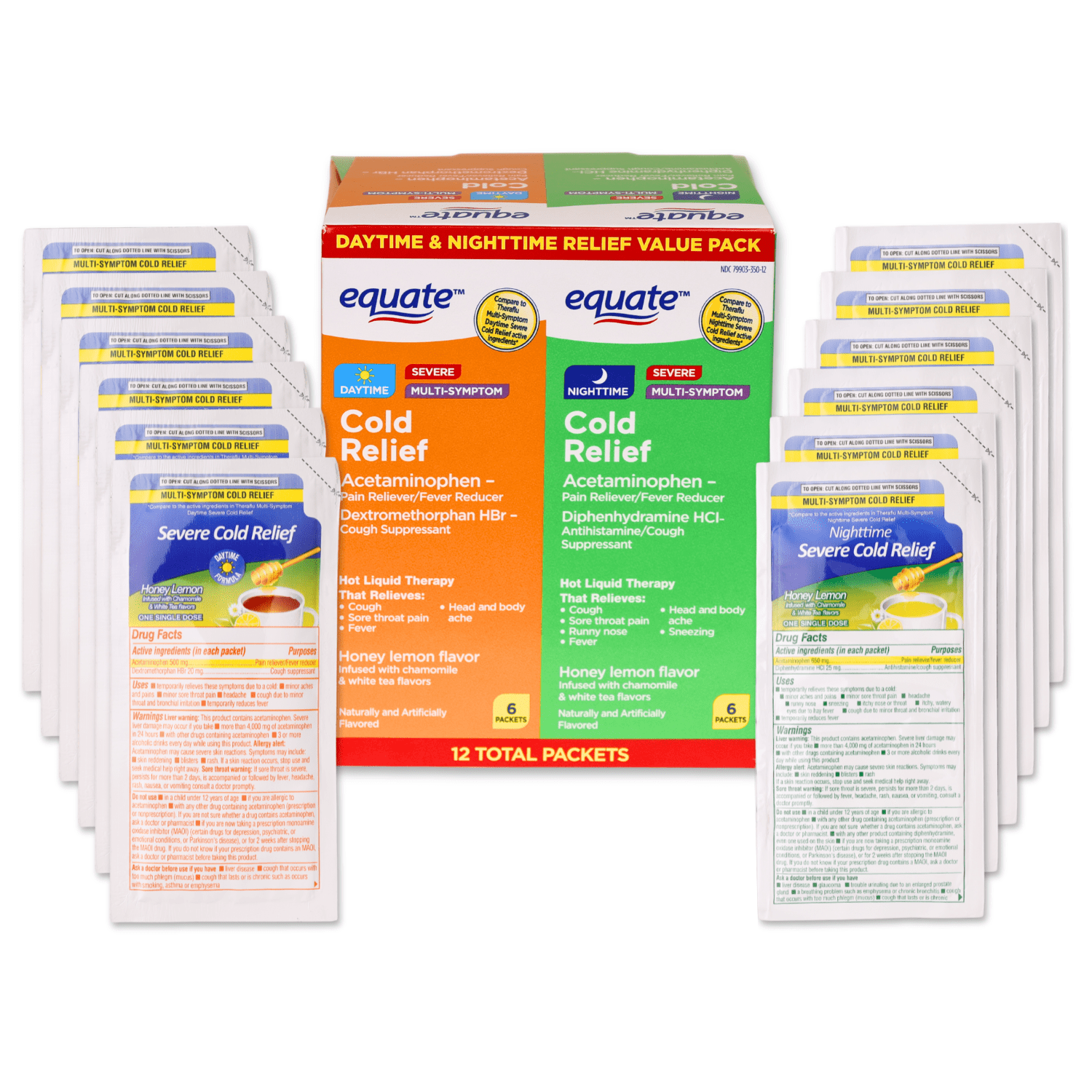 Equate Daytime & Nighttime Cold and Cough Multi-Symptom Powder Packets, 12 Count