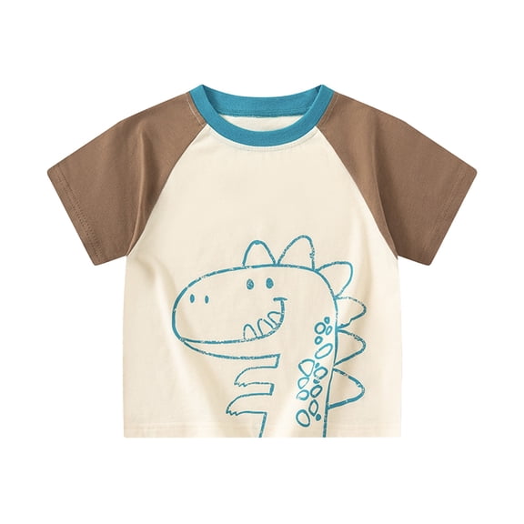 WEIGFI Toddler Baby Boys T-Shirts Patchwork Cartoon Dinosaur Graphic Print Summer Clothes Short Sleeve Casual School Outdoor Play Crew Neck Cute Beach Top,Coffee,18-24 Months