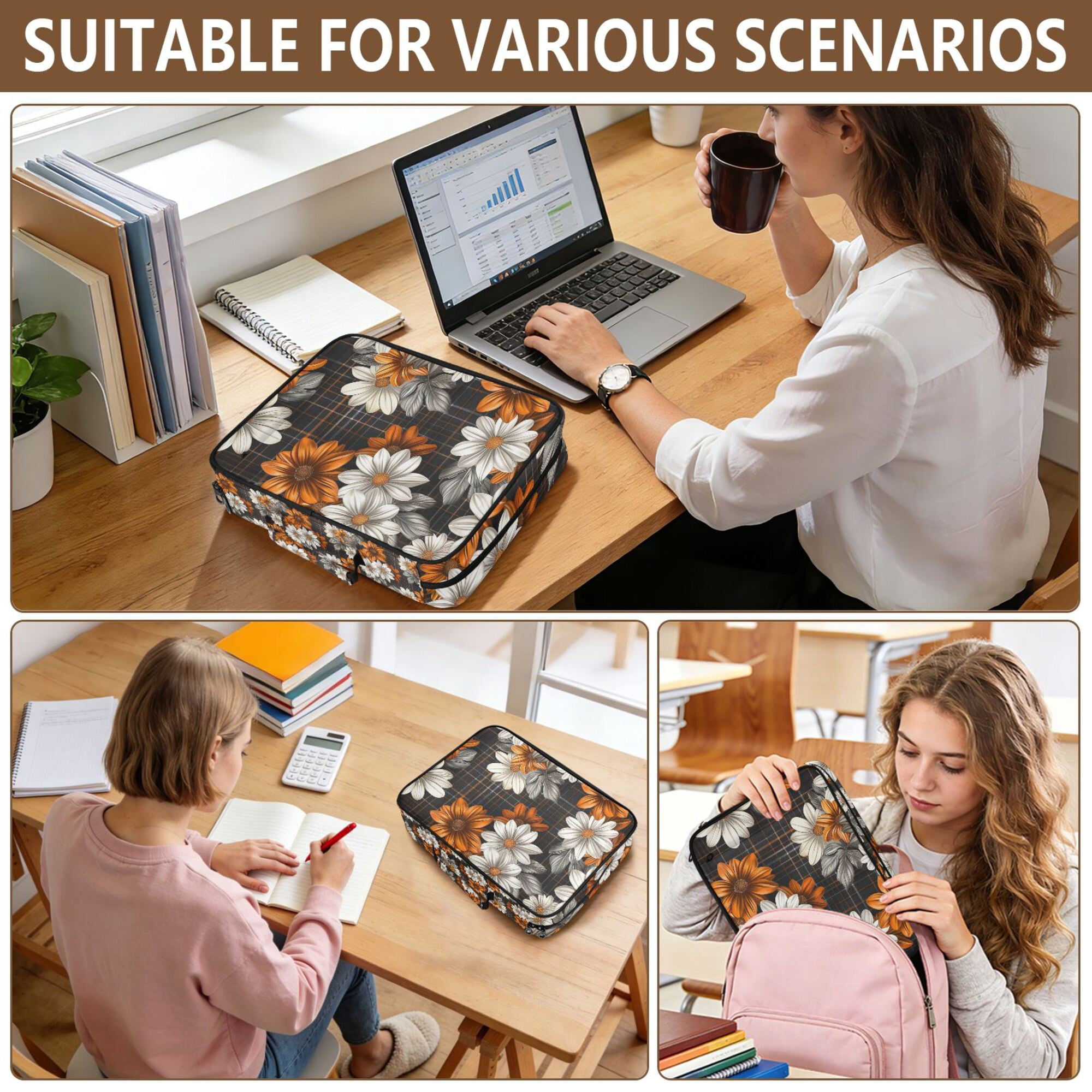 FORMRS Accordion File Folder A4 Size 7-Pocket Expanding Document Organizer Bag with 3 Ring Binder, Black Plaid Floral