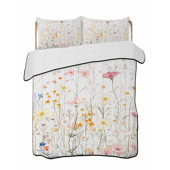 Vintage Flowers Summer Quilt Set King Size, Soft Microfiber Quilted Bedding Set with 2 Pillow Shams, Pink Blue Colorful Botanical Lightweight All Season Bedspread Coverlet for Bedroom 96"x106"