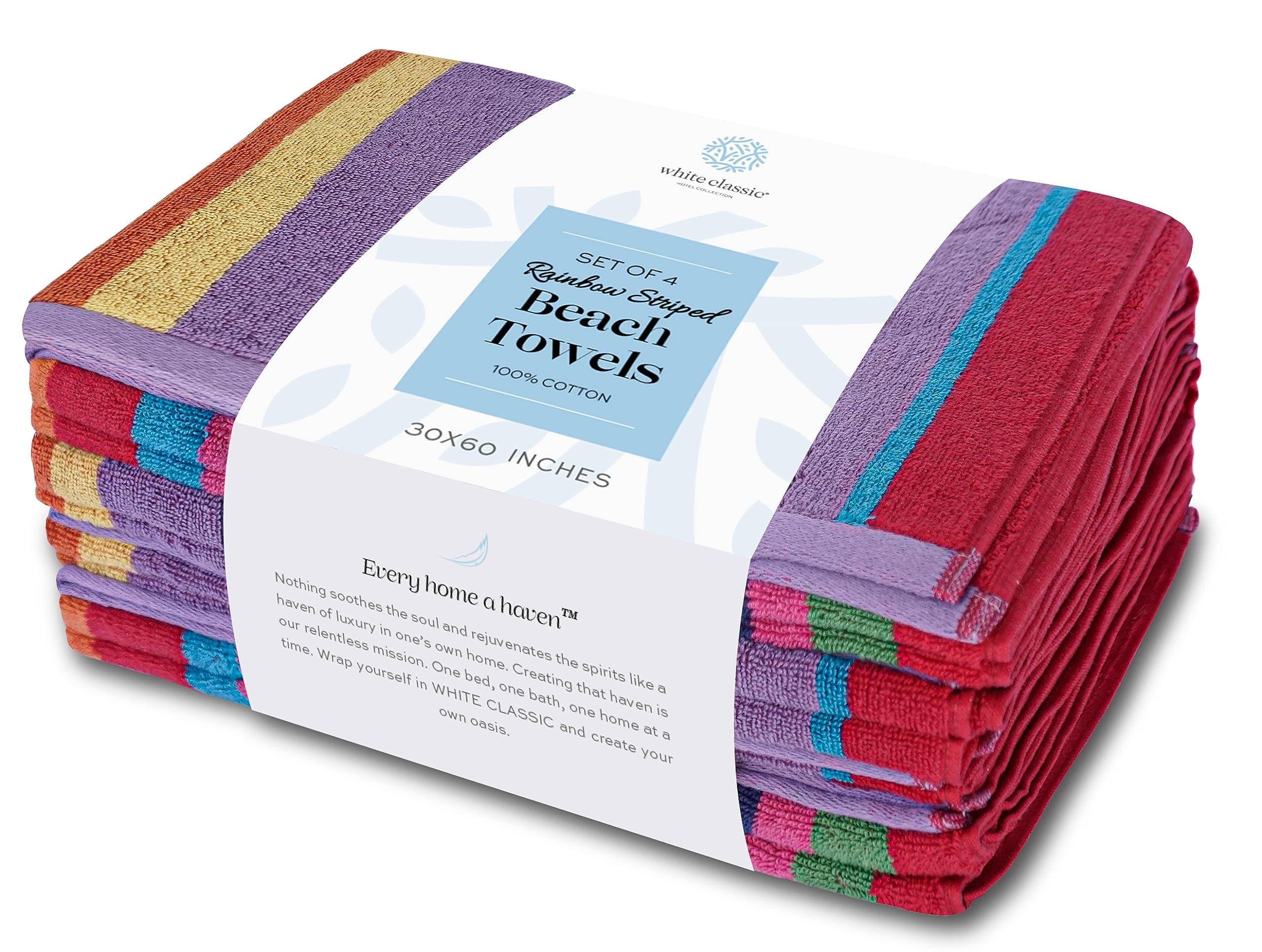 White Classic Luxury Rainbow Striped Cotton Beach Towels, 30 x 60, 4 Count