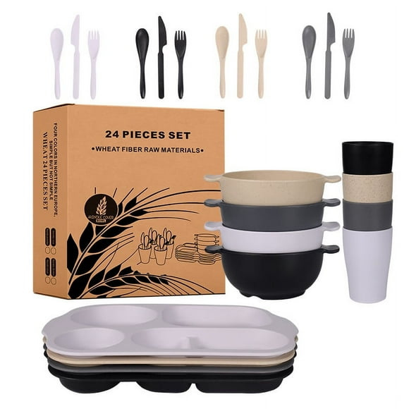 Nvzi 24Pcs Wheat Straw Dinnerware Cutlery Sets, Divided Plates Unbreakable Bowl Microwave Dishwasher Safe Tableware Cutlery -Multicolour B