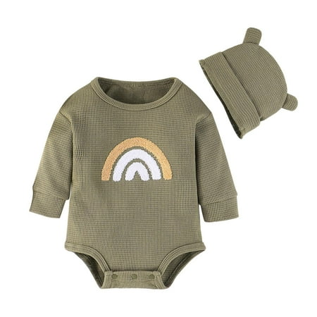 

Odeerbi Baby Bodysuit Layette Set Onesies for Toddler Kids Boys Girls Fashion Cute Long Sleeve Rainbow Print Romper Ear Hat Suit Olive Drab