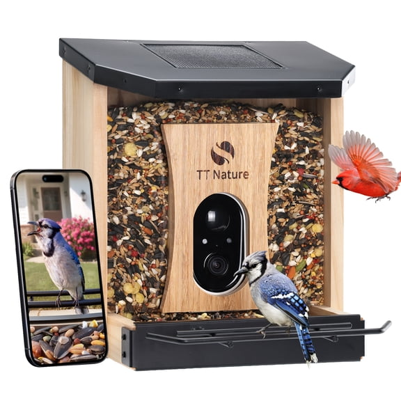 TT Nature Smart Bird Feeder with Camera Solar Powered, AI Identify 10000 Birds, Weatherproof , Eco-friendly Wooden, Ideal Gift for Bird Lovers