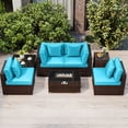 thumbnail image 1 of Costway 7 PCS Patio Furniture Set 40,000 BTU Gas Fire Pit Table Propane Tank Cover Table Mix Brown + Turquoise, 1 of 9