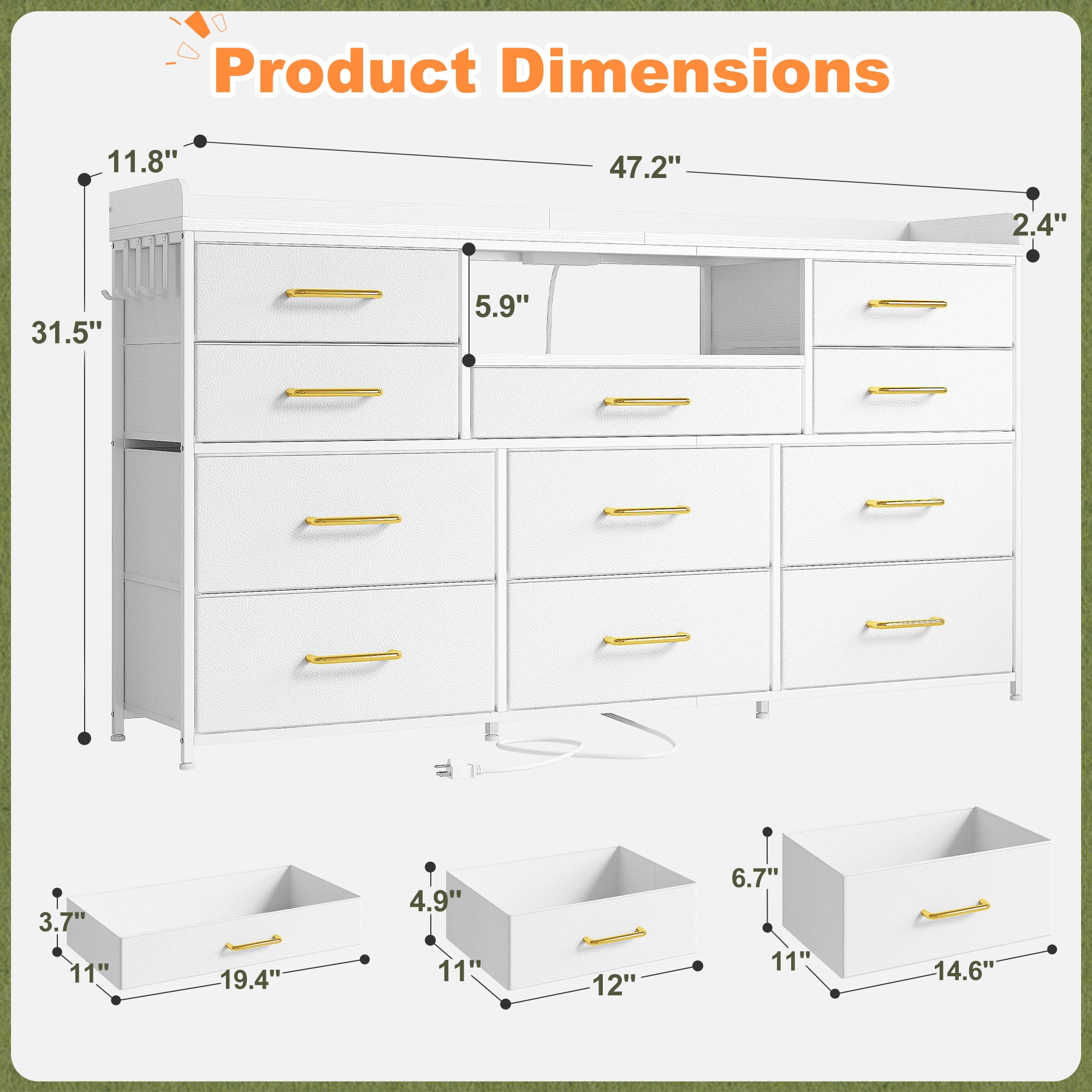 Dresser for Bedroom with 11 Drawers for 60" TV Stand with LED Lights & Charging Station Wide Dresser with Shelves & 4 Hooks Sturdy Metal Frame & Fabric & Wood Top ,White