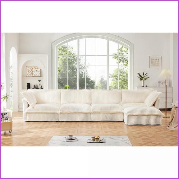 Cream Corduroy 4-Seater L-Shape Sectional Sofa – Removable Covers, Sturdy Wood Frame for Living Room | Cream | Corduroy | Wood