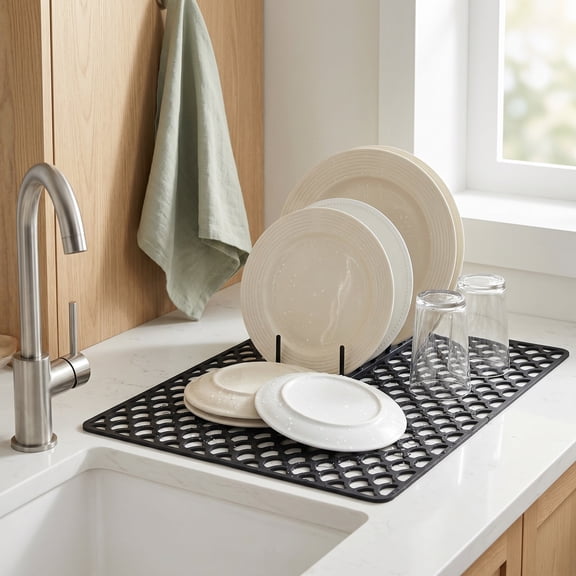 WEAVILUX Silicone Kitchen Sink Protector Mat with Fast Drainage and Non Slip Black Design for Home