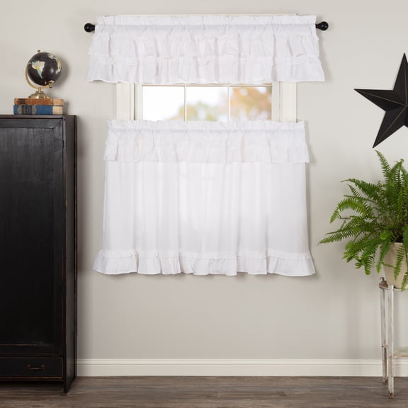 VHC Brands Muslin Ruffled Bleached White 3 PC Curtain Set (1 Valance 16x72 and 2 Tier 36x36)