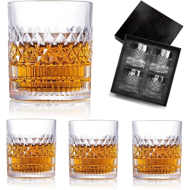 Juego de 4 Vasos para Whisky, con 4 Vasos de Cristal para Whiskey 330ml y Caja de Regalo de Lujo, para Cognac, Vodka, Bourbon y Más, Ideal Regalos para Hombre, Papa, Novio, Marido