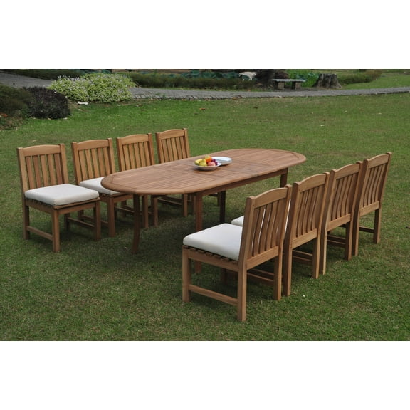 Grade-A Teak Dining Set: 8 Seater 9 Pc: 94" Double Extension Oval Table And 8 Devon Armless Chairs Outdoor Patio WholesaleTeak #WMDV29