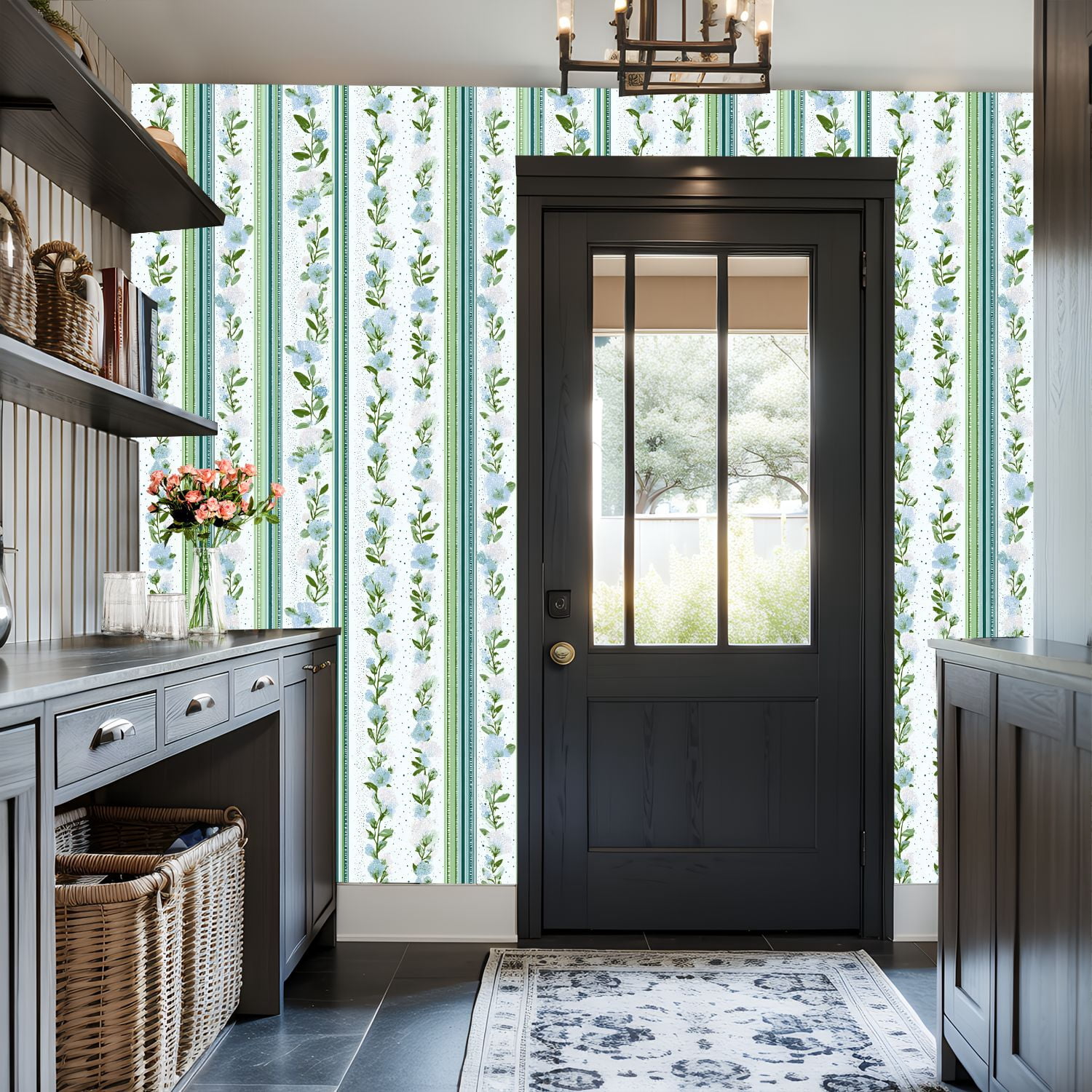 Peel and Stick Wallpaper Floral Stripe Blue Blossoms Green Leaves Light Wall Mural 17.7in x 9.8ft Self Adhesive Removable Wall Paper Renter Friendly Wallpaper for Bedroom Livingroom Office Studio
