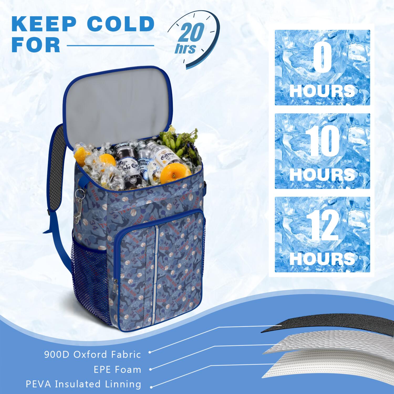 Travel Cooler Bag - Blue Baseball Silhouette Pattern Camping Beer Cooler Backpack with Bottle Opener- Waterproof Insulated Picnic Backpacks - Cooler Bag for Beach