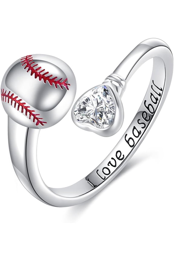 Baseball Rings Sterling Silver Adjustable Size 7 Baseball Heart Jewelry Women's Sport Gifts