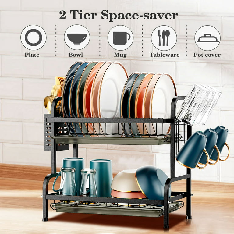 Dish Drying Rack, Romision 304 Stainless Steel 2 Tier Large Dish Rack and  Drainboard Set for Kitchen Counter with Utensil Holder, Wine Glass Holder  and Tray, Dish Drainer Storage Rack(Silver) 