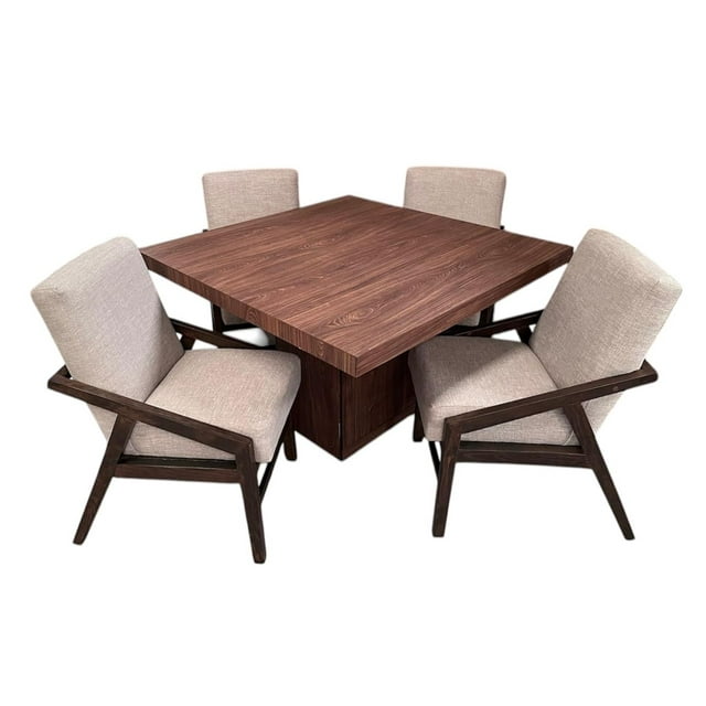 Comedor Denver 4 Sillas, Lino Beige, MDF UV, 120x120 cm, SALVANTO