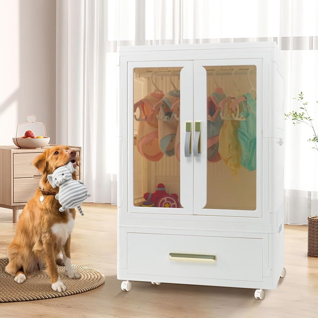 QudraKast Armario para mascotas, armario para perros, contenedores de almacenamiento apilables con puertas, ruedas y varillas para colgar, armario con cajones apilables, accesorios para mascotas, jugu