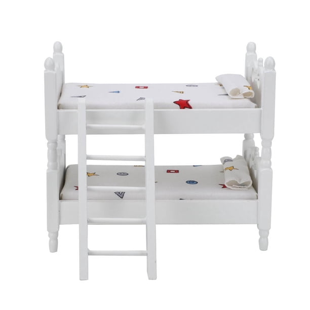 Cama de casa de muñecas en miniatura, litera de madera simulada, modelo de juguete, accesorio, patrón geométrico, escala 1:12