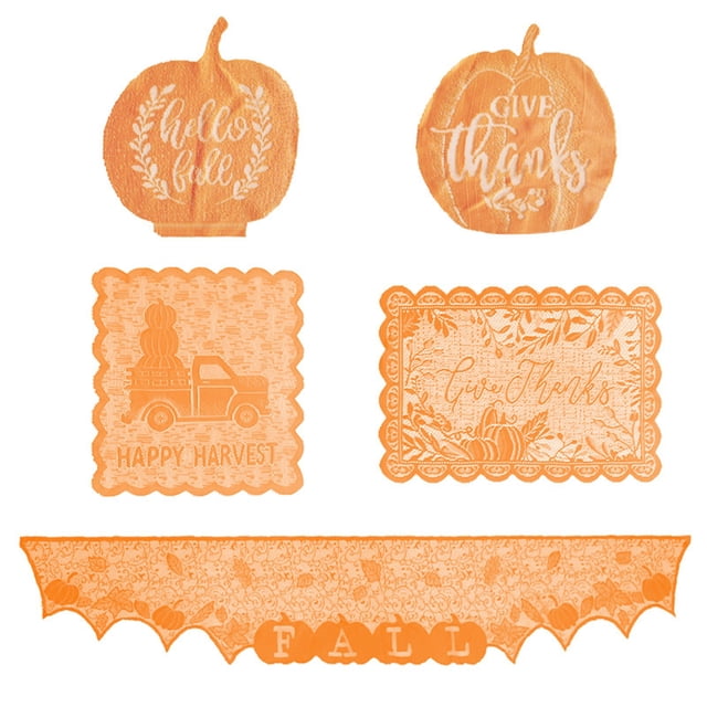 Chemin de Table d'Automne, Ensemble de Cinq Pièces en Dentelle avec Feuilles d'Érable pour la Récolte, Nappe de Table d'Automne et Napperons pour les Rassemblements de l'Action de Grâce et la Déco Saisonnière de la Maison