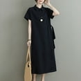 thumbnail image 4 of SMihono Trendy Plus Size Dresses for Curvy Women Loose Lapel Neck Short Sleeve Button Up Dress Tie Front Cotton Linen A Line Dress Black XXL, 4 of 8