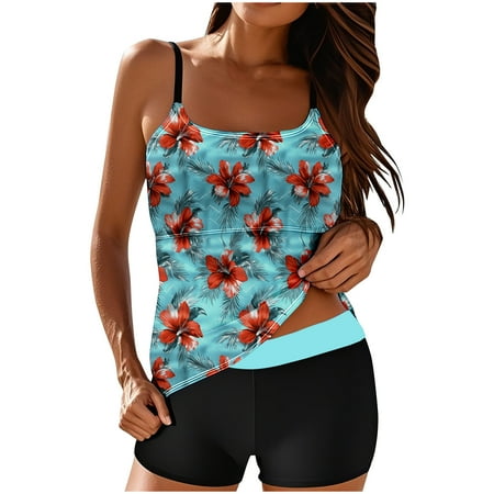 Summer Savings Clearance! Enjoytime Bathing Suit for Women Two Piece Adjustable Strap Tankini Tank Top with Boyshorts Vintage Flower Printed Swimwear Tummy Control Swimsuits for Women