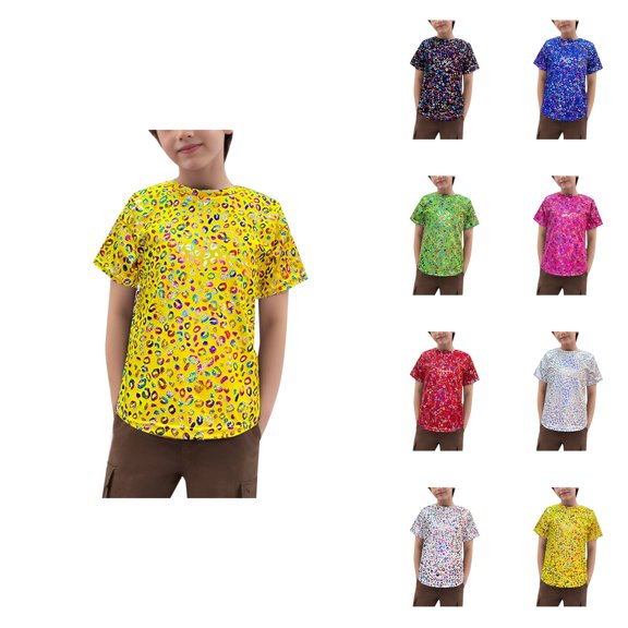Girls Short Sleeve Sequin Tops Leopard Print Glitter Blouse for Daily Wear & Party Outfits (5-12 Years)