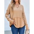 thumbnail image 4 of Womens Henley Tops Long Sleeve V Neck Shirts Casual Knit Tunic Tops Tshirts Fall Outfits with Thumb Hole Khaki XXL, 4 of 6