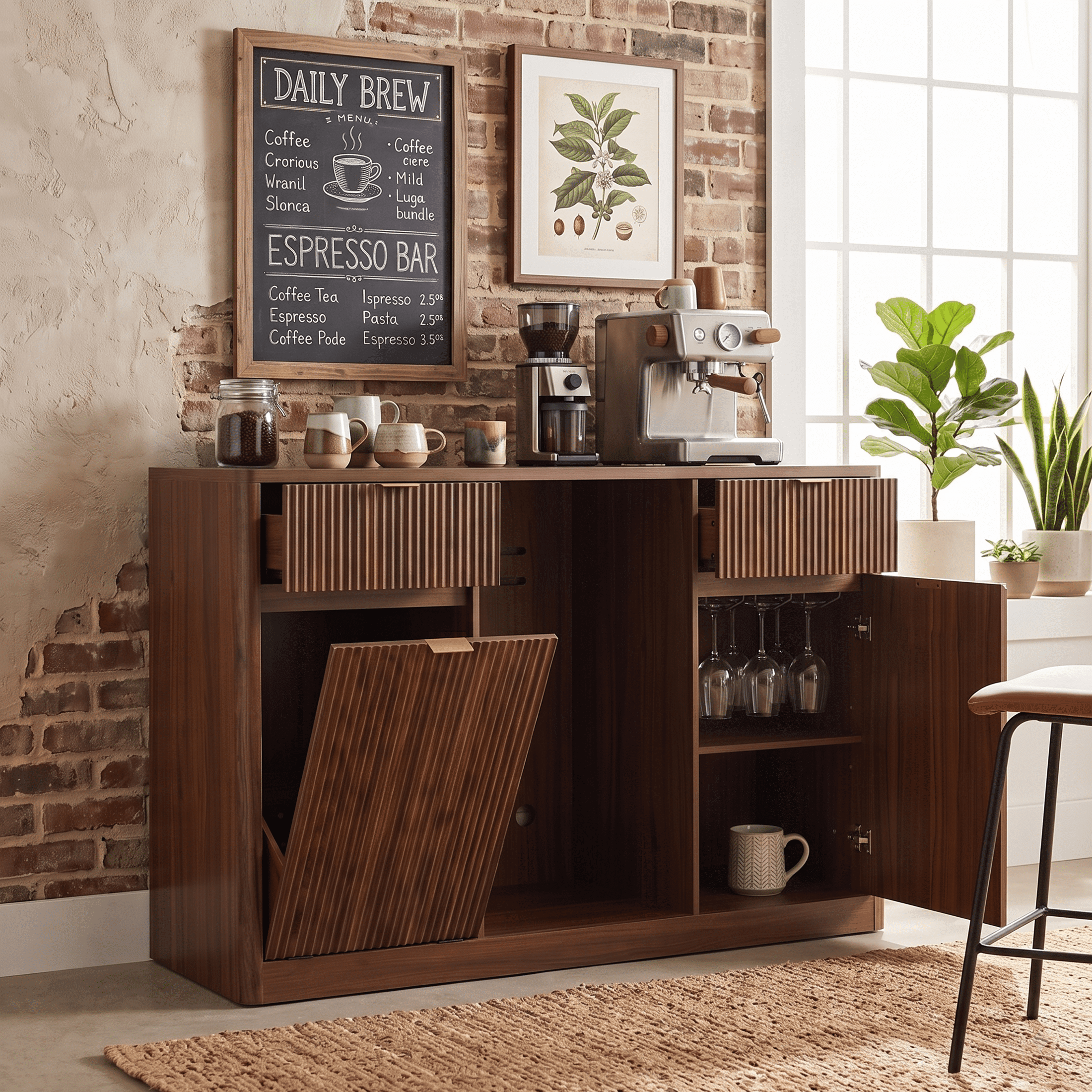 Homy Casa 59" Fluted Kitchen Island with Mini Fridge Space, Trash Cabinet and Outlet, Dark Walnut