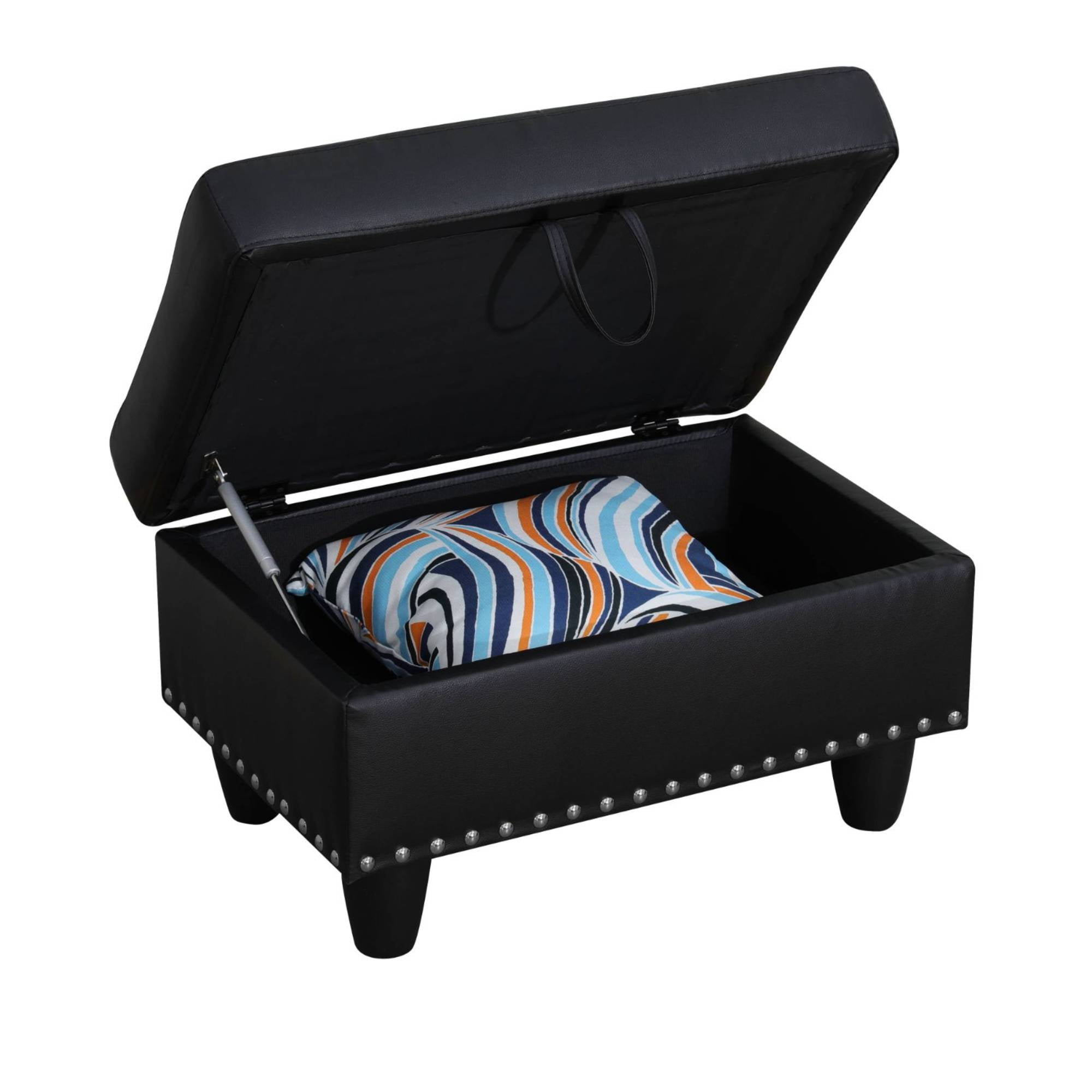 Leather Storage Ottoman Bench wiht Button Tufted, Nail-HeadFoot Rest Ottoman Stool for Living Room, Black